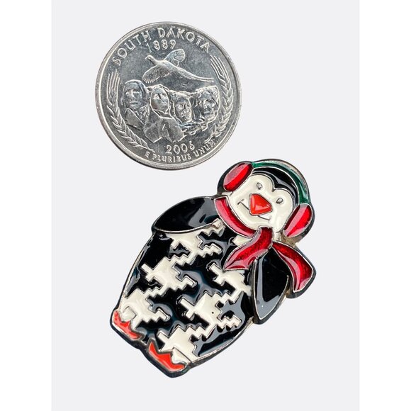 Penguin Brooch Enamel Pin With Red Scarf and Ear Muffs Winter Theme Jewelry - Picture 4 of 9